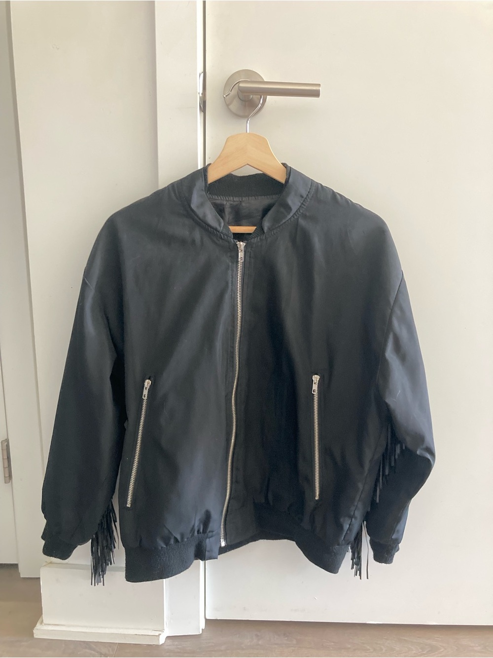 Black Bomber Jacket with Fringe